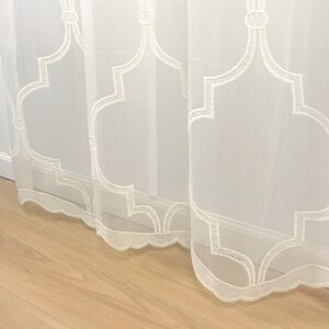 Trellis Sheer Grommet Curtain Panels SET OF 2 White Beige Lattice Trefoil Embroidery Vintage Boho 84 95 Living Room, Bedroom, and Home image 6