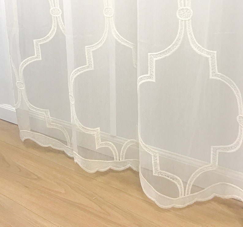 Trellis Sheer Grommet Curtain Panels SET OF 2 White Beige Lattice Trefoil Embroidery Vintage Boho 84 95 Living Room, Bedroom, and Home Beige