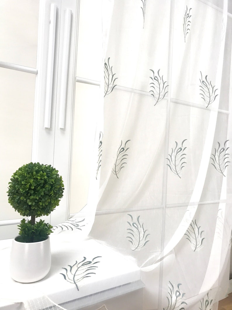 Ensemble de 2 panneaux de voilage tropical zen plumes faits main, broderie de feuilles florales vintage bohème blanc vert 84 po. 95 po. salon chambre spa Teal - Rod Pocket