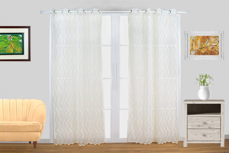 A Pair of Sheer Curtains Set of 2 Grommet Panels European Abstract Weave Pattern Embroidered White and Beige 52 Wide, 84 and 95 Long image 7