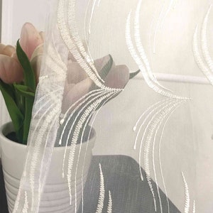 A Pair of Sheer Curtains Set of 2 Grommet Panels European Abstract Weave Pattern Embroidered White and Beige 52 Wide, 84 and 95 Long image 9