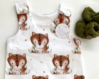 Tiger Print Organic Baby Romper, Handmade Harem Dungarees, Unique Children’s Clothing