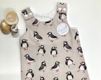 Puffin organic romper, baby romper, baby clothes, personalised baby wear, handmade , toddler romper, baby wear, personalised baby gift.