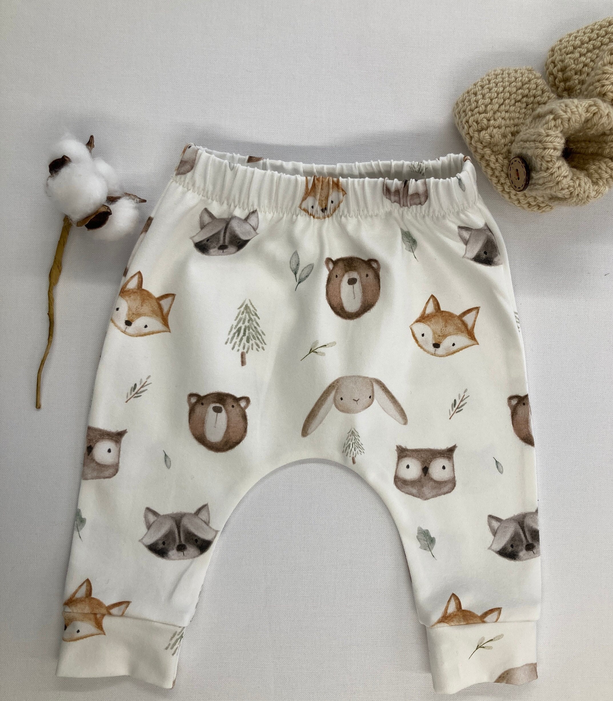 Handmade Organic Baby Leggings, Woodland Animal Friends Print, GOTS Cotton, UK Made