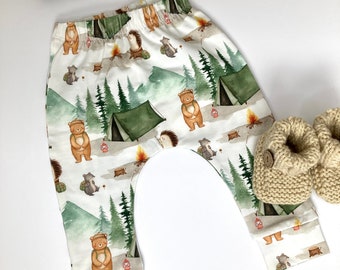 Bear and friends go camping organic baby leggings,  unique baby gift, baby joggers, baby trousers,