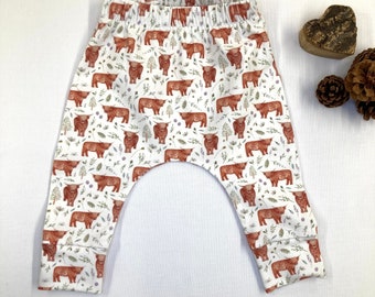 Little Hamish highland cow organic baby leggings,  unique baby gift, baby joggers, baby trousers,