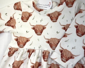 Hamish highland cow print baby dress, Organic baby dress,   baby and toddler dress, unique baby dress, handmade to order, new baby gift.