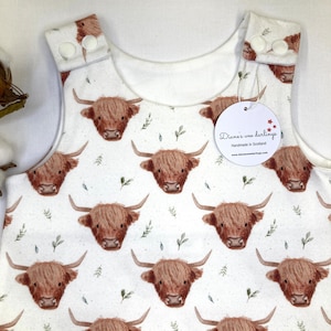 Hamish Highland Cow Organic Baby Romper: Handmade Scottish Babywear