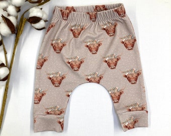 Dottie highland cow organic baby leggings,  unique baby gift, baby joggers, baby trousers,