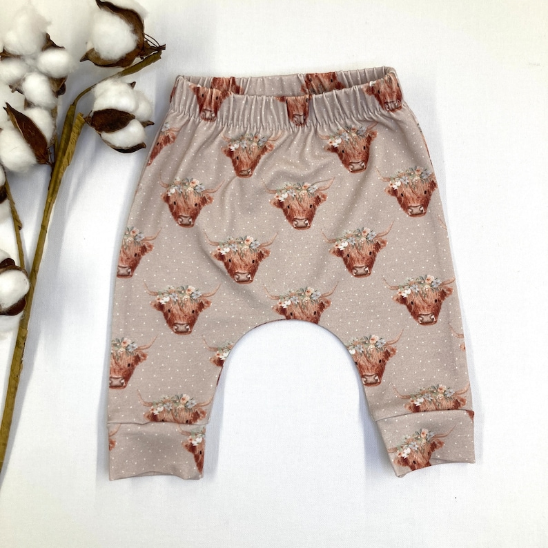 Dottie highland cow organic baby leggings, unique baby gift, baby joggers, baby trousers, image 1
