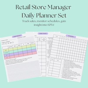 May include: A printable daily planner set for retail store managers. The set includes three pages: a daily planner, sales trends, and a schedule. The pages are designed with pastel colours and include sections for important tasks, sales goals, and employee schedules.