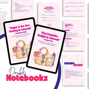 May include: Two digital tablets display a 2026-2027 circuit assembly program with a pink background, featuring a watercolor illustration of a straw tote bag, sunglasses, and a water bottle, alongside various printed program pages and schedules.