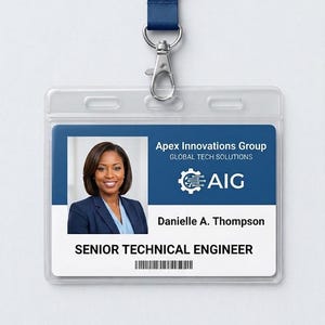 May include: A rectangular plastic ID badge holder with a blue lanyard featuring the AIG logo. The badge displays the text Apex Innovations Group, Global Tech Solutions, AIG, Danielle A. Thompson, and Senior Technical Engineer with a barcode.