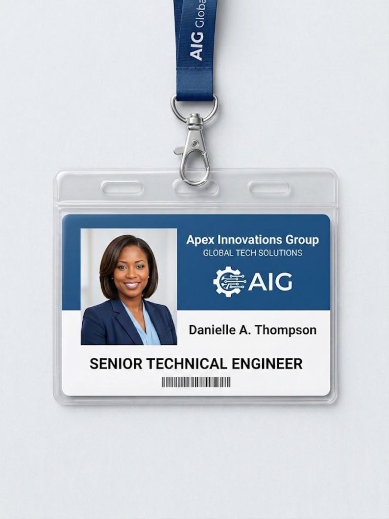 May include: A rectangular plastic ID badge holder with a blue lanyard featuring the AIG logo. The badge displays the text Apex Innovations Group, Global Tech Solutions, AIG, Danielle A. Thompson, and Senior Technical Engineer with a barcode.