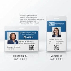 May include: Two anodized aluminum ID badges in horizontal and vertical orientations. The horizontal badge measures 3.4 inches by 2.1 inches, and the vertical badge measures 2.1 inches by 3.4 inches. Both feature the AIG logo, employee photos, and QR codes.