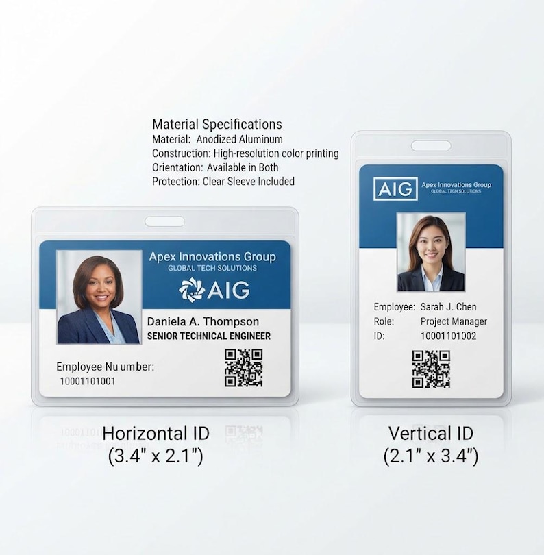 May include: Two anodized aluminum ID badges in horizontal and vertical orientations. The horizontal badge measures 3.4 inches by 2.1 inches, and the vertical badge measures 2.1 inches by 3.4 inches. Both feature the AIG logo, employee photos, and QR codes.