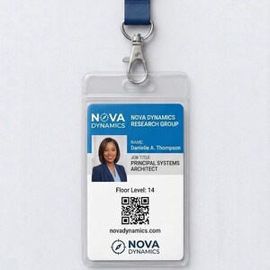 May include: A vertical plastic ID badge holder with a blue lanyard featuring the Nova Dynamics logo. The badge displays the Nova Dynamics Research Group name, a photo of Danielle A. Thompson, the title Principal Systems Architect, Floor Level 14, a QR code, and the website novadynamics.com.