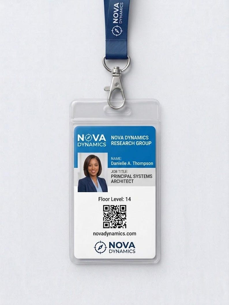 May include: A vertical plastic ID badge holder with a blue lanyard featuring the Nova Dynamics logo. The badge displays the Nova Dynamics Research Group name, a photo of Danielle A. Thompson, the title Principal Systems Architect, Floor Level 14, a QR code, and the website novadynamics.com.