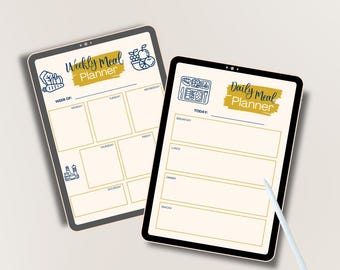 May include: Two digital planners on a white background. The planner on the left is a weekly meal planner with a yellow background and a blue and white illustration of a grocery bag. The planner on the right is a daily meal planner with a yellow background and a blue and white illustration of a lunchbox. The text "MEAL PLANNERS" is at the top of the image. The text "Meal Prep Planners | Grocery List" is below the title. The text "Little Main Street Dreams, LLC" is at the bottom of the image.