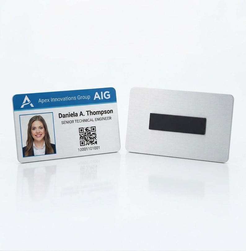 May include: A rectangular name badge featuring a blue and white header with the text Apex Innovations Group and AIG. It displays a photograph of a person, the name Daniela A. Thompson, the title SENIOR TECHNICAL ENGINEER, a QR code, and a number.