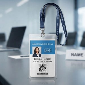 May include: A clear plastic ID badge holder with a blue and white insert featuring the text Apex Innovations Group, AIG, Daniela A. Thompson, Senior Technical Engineer, a QR code, and a number. It hangs from a dark blue lanyard labeled Innovate Studios.