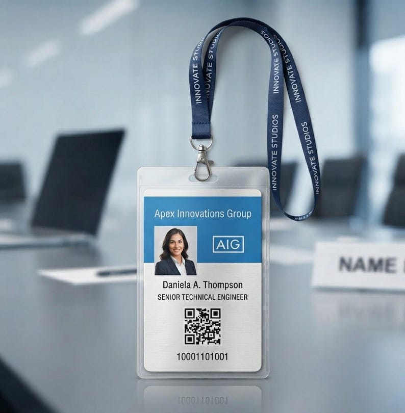 May include: A clear plastic ID badge holder with a blue and white insert featuring the text Apex Innovations Group, AIG, Daniela A. Thompson, Senior Technical Engineer, a QR code, and a number. It hangs from a dark blue lanyard labeled Innovate Studios.