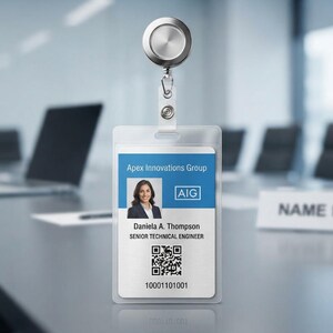 May include: A vertical ID badge holder with a retractable silver metal reel. The badge features a blue header with the text Apex Innovations Group and AIG logo, a portrait of a person, the name Daniela A. Thompson, the title SENIOR TECHNICAL ENGINEER, a QR code, and the number 10001101001.