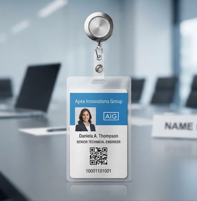 May include: A vertical ID badge holder with a retractable silver metal reel. The badge features a blue header with the text Apex Innovations Group and AIG logo, a portrait of a person, the name Daniela A. Thompson, the title SENIOR TECHNICAL ENGINEER, a QR code, and the number 10001101001.