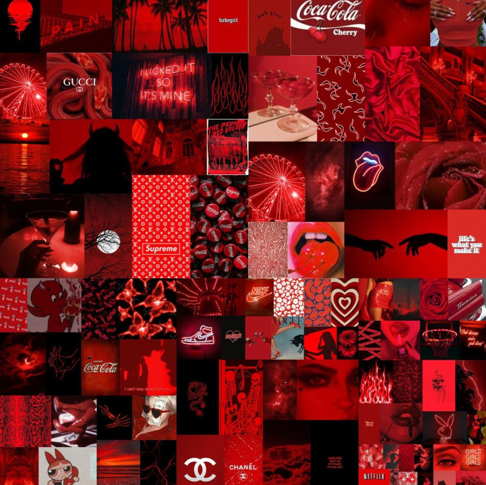 Red Collage Kit, Neon Red Wall Collage Kit, Red Grunge, Red Baddie Room