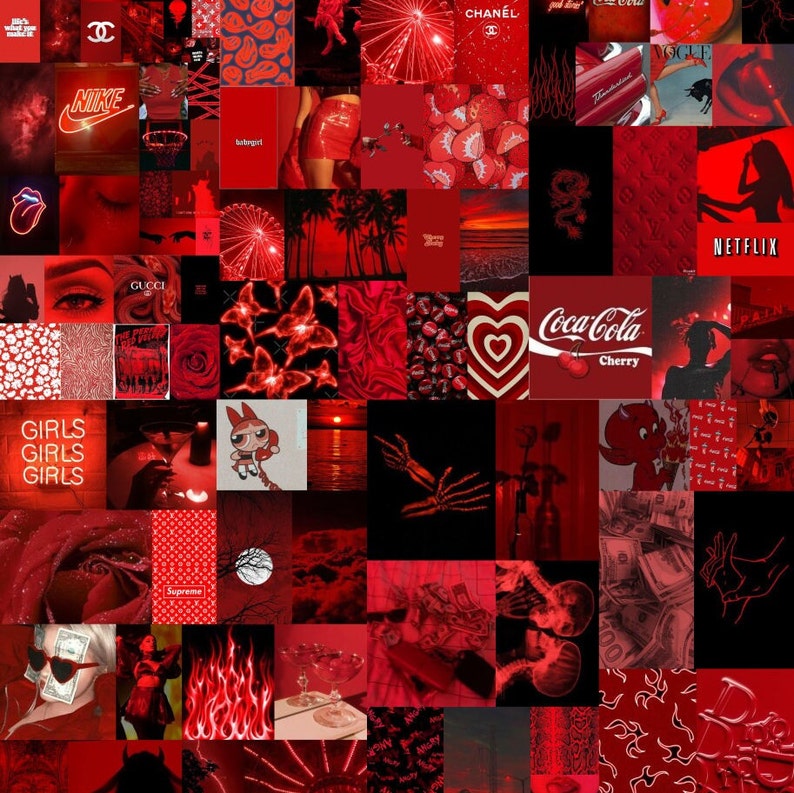 Red Collage Kit, Neon Red Wall Collage Kit, Red Grunge, Red Baddie Room