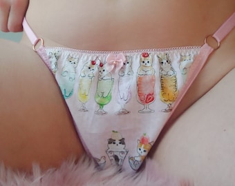 Tanga de gatos cóctel, lencería de algodón