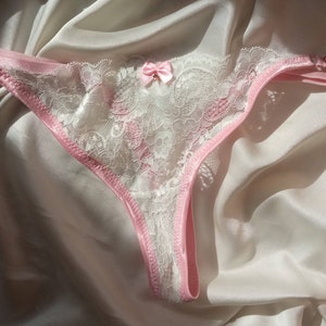 Cute pink and white everyday panties, luxury woman lace underwear, cottagecore thong