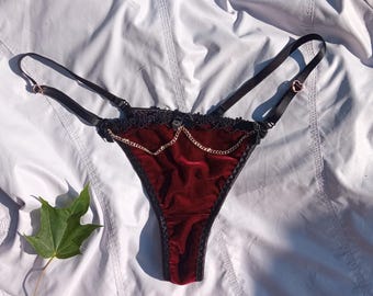 Burgundy red velvet thong with chains