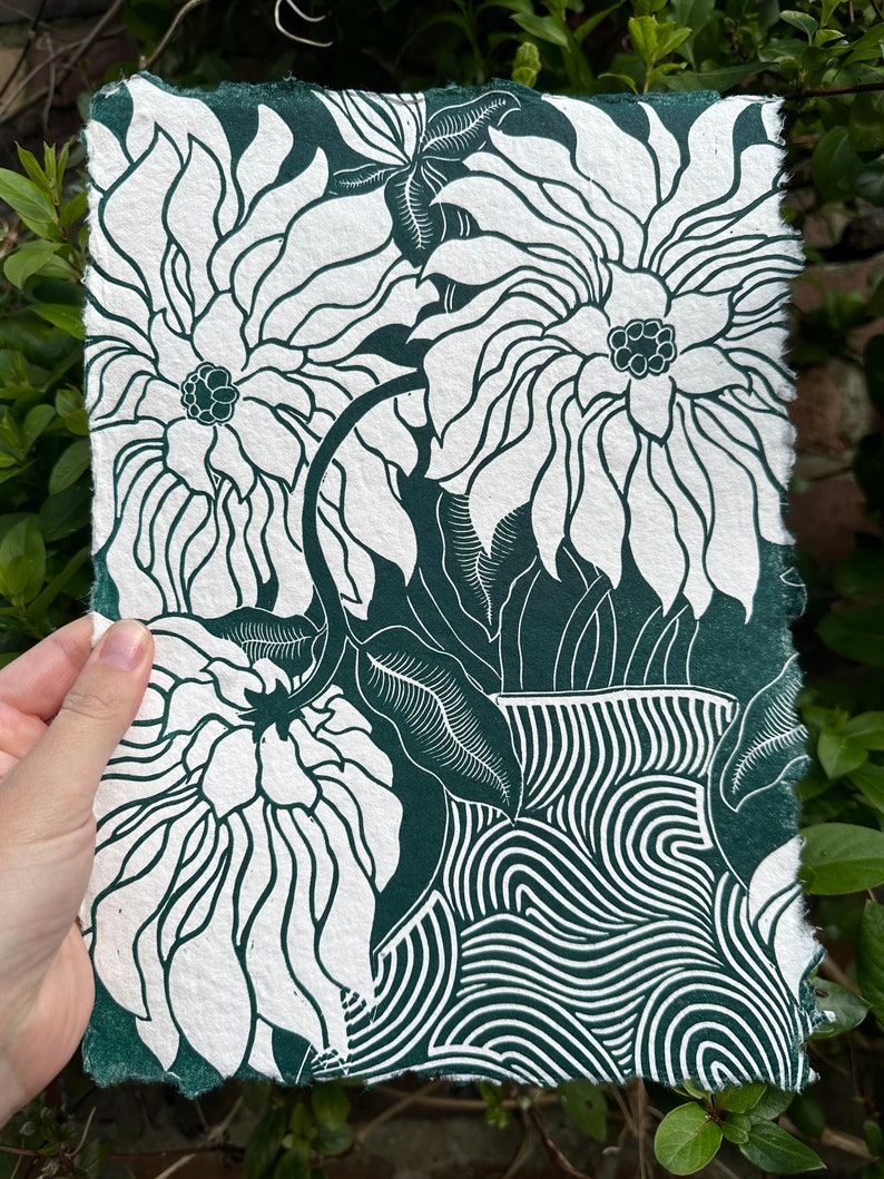 Dahlias in Deep Green on handmade paper image 3