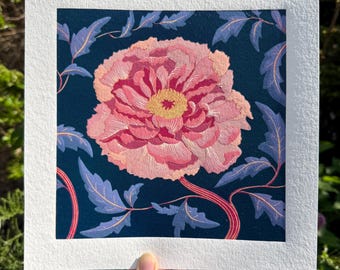 Peony - original reduction lino print - on dark blue