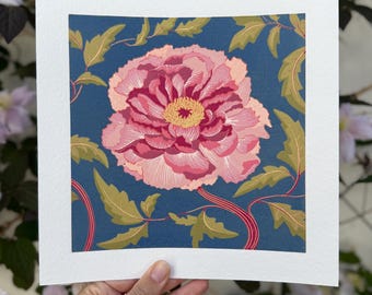 Pioenroos - originele verkleinde linoprint - op blauw