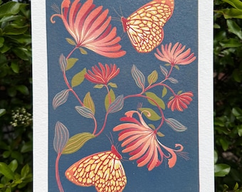 Honeysuckle & Butterflies - original reduction lino print