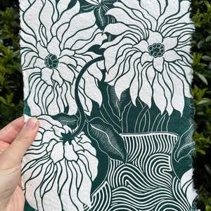 Dahlias in Deep Green on handmade paper image 1