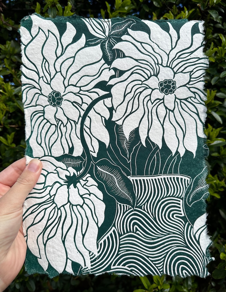 Dahlias in Deep Green on handmade paper image 1