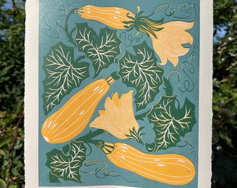 Handmade Courgette Linocut Print: Original reduction linocut artwork
