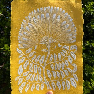 Marigold Linocut Print: Golden Yellow Handmade Paper, A4
