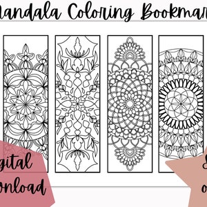 Może przedstawiać: Zestaw czterech prostokątnych zakładek do książek z czarno-białymi wzorami mandali do kolorowania. Na stronie wydrukowano tekst Mandala Coloring Bookmark, Digital Download oraz Set of 4. Każda zakładka zawiera unikalny, skomplikowany wzór geometryczny z motywami kołowymi i kwiatowymi.