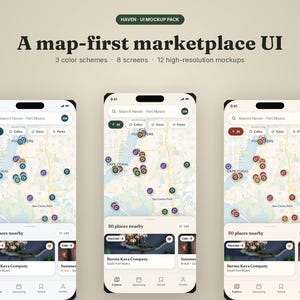 May include: Three smartphones displaying a map-based user interface with location markers. The UI features a map-first design, showcasing various points of interest. The image includes the text "A map-first marketplace UI".