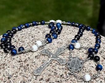 Handmade Catholic Rosary | Blue Sapphire Tiger Eye Beads | Stainless Steel Wire Wrapped Rosary | Durable Heirloom Gift | Men's or Women’s