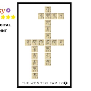 Letrero con nombre de familia personalizado en ASL, regalos para sordos, impresión de crucigramas y Scrabble, impresión de mosaicos con letras familiares personalizadas, rompecabezas de nombres, lenguaje de señas, dedo