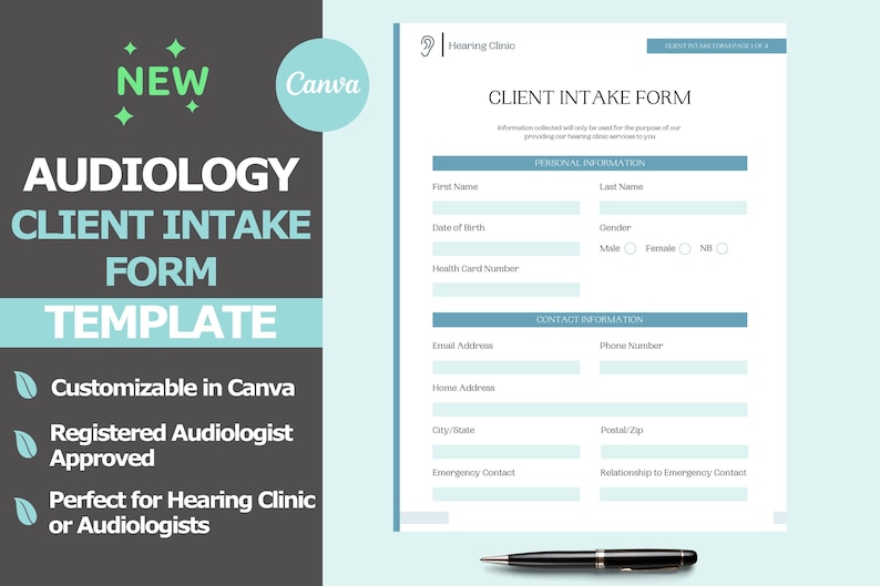 New Audiology Intake Form Canva Template | Audiology Hearing Clinic ...