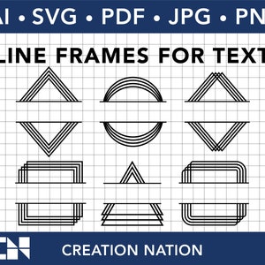 May include: A set of eight line frames for text, including a circle, square, triangle, and diamond shapes. The frames are black and white and have a split design, allowing for text to be placed on either side of the frame.