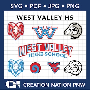 May include: A digital download of a West Valley High School logo in various formats, including SVG, PDF, JPG, and PNG. The logo features a red and blue "W" with a ram mascot in red, blue, and gray.