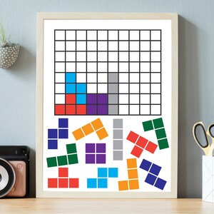 May include: A printable Tetris game with a grid of squares and a set of colourful Tetris blocks. The blocks are in various shapes and colours, including red, blue, green, orange, purple, and grey.