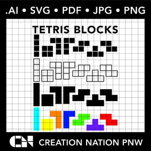 May include: A black and white illustration of the seven Tetris blocks, with the text "TETRIS BLOCKS" above them. Below the blocks are seven colored Tetris blocks, in the colors cyan, yellow, orange, blue, green, purple, and red. The image also includes the text "CREATION NATION PNW".